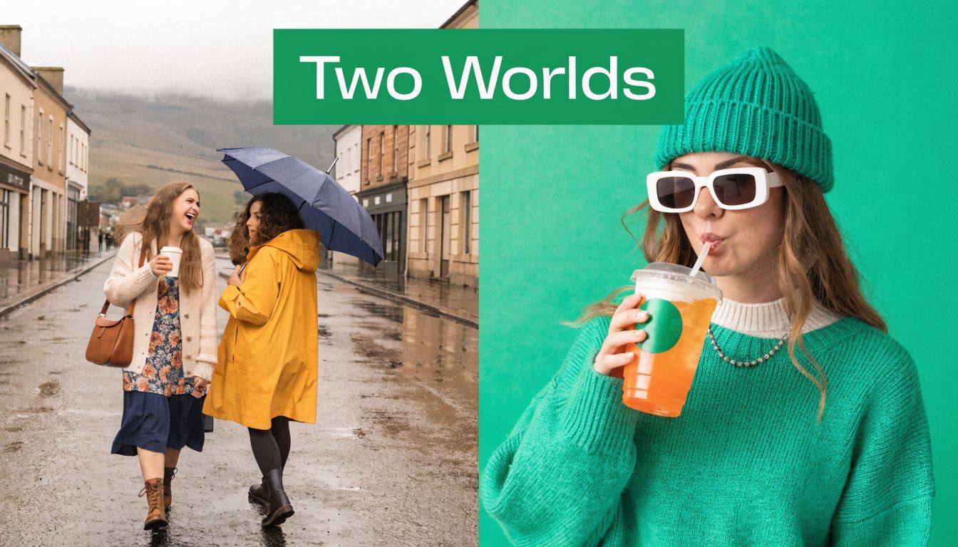 A split-screen image comparing a rainy Irish street scene with a stylish woman drinking iced coffee.
