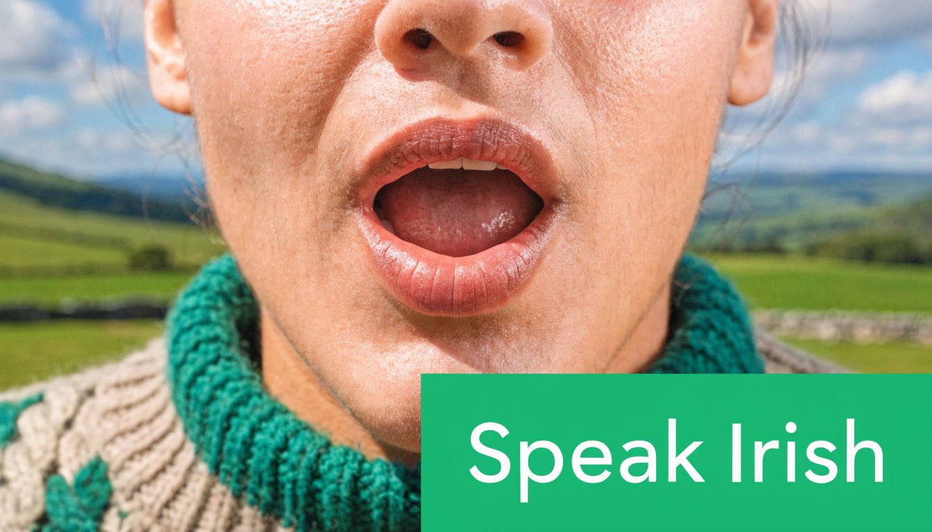 A close-up view of a person speaking with a green rectangular sign overlay that says Speak Irish.