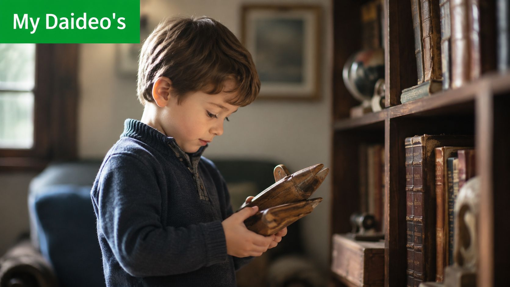 A young boy holds a wooden toy while standing in a cozy library with bookshelves.