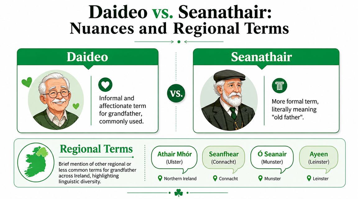 An infographic comparing Irish words for grandfather, Daideo and Seanathair, and various regional Irish terms.