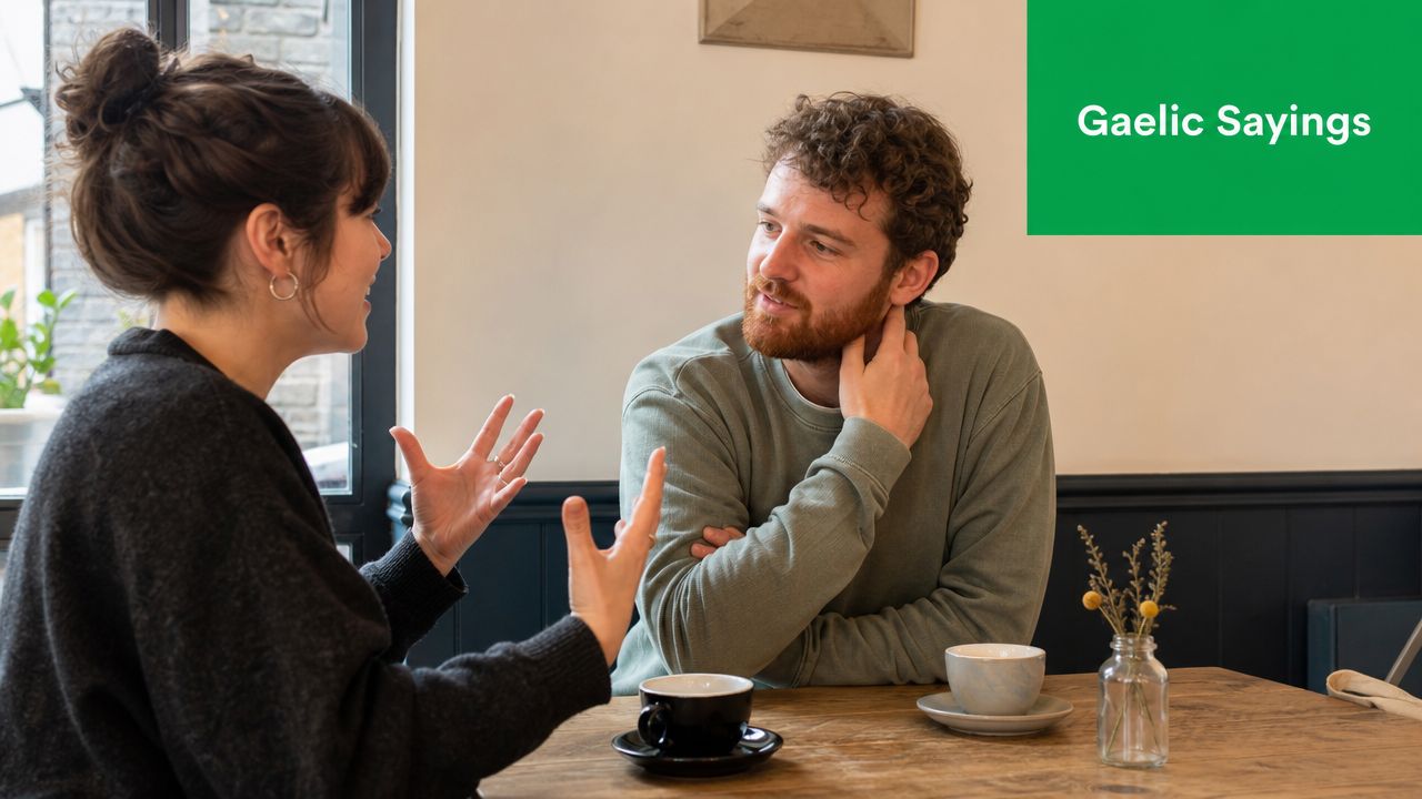 A man and woman having a thoughtful conversation at a cafe table with coffee and flowers.
