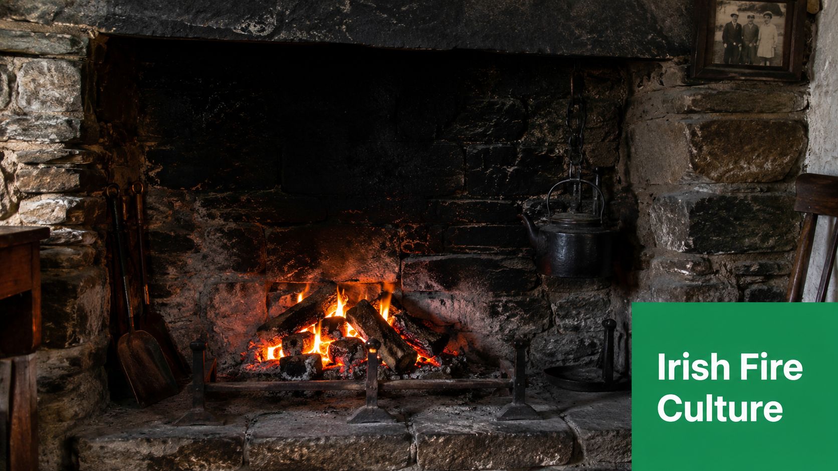 A rustic stone fireplace with a glowing wood fire, hanging kettle, and traditional tools inside an Irish cottage.