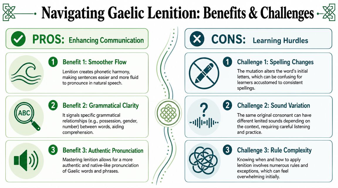 An infographic titled Navigating Gaelic Lenition showing the linguistic pros and cons of learning Gaelic mutations.