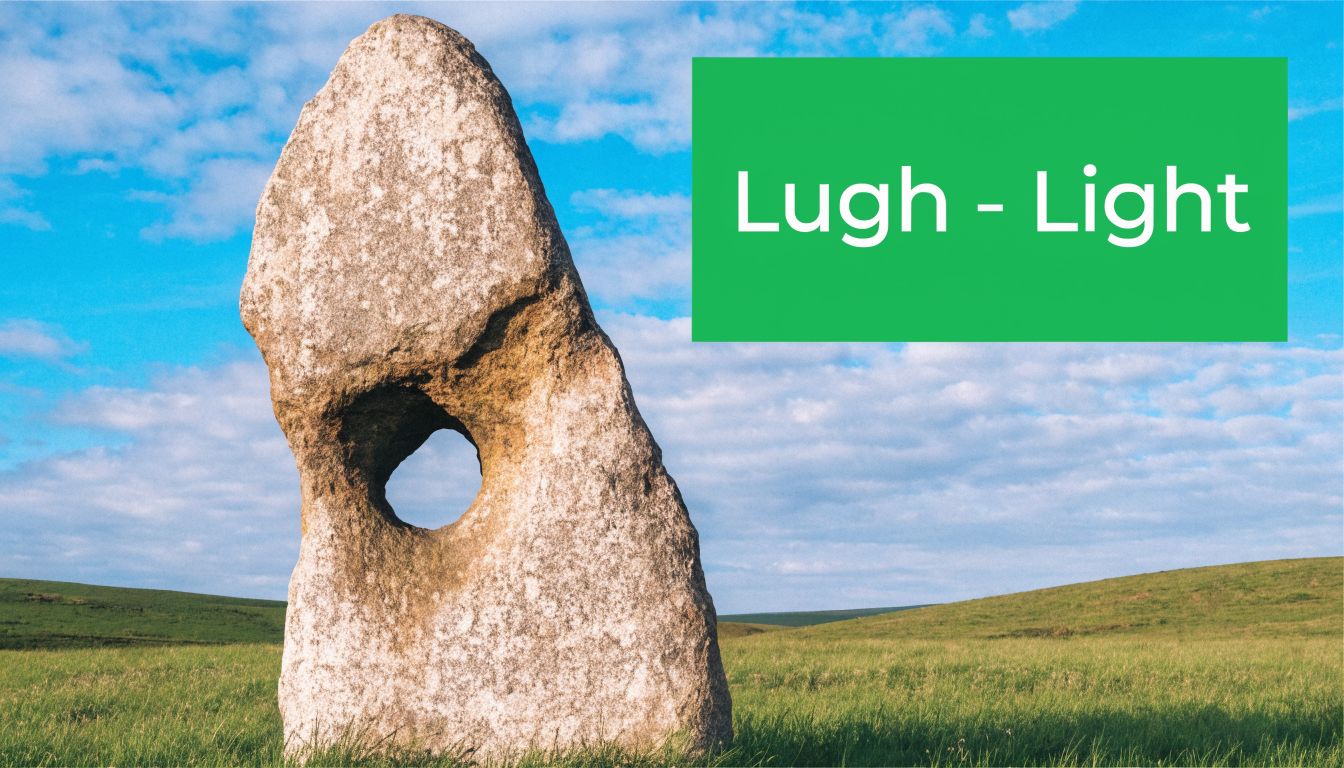 A large standing stone with a natural hole in a green field under a cloudy blue sky.