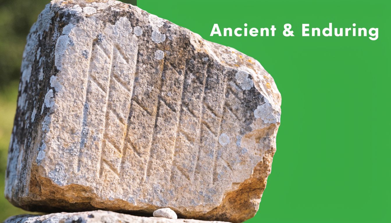 A weathered ancient stone block featuring carved diagonal lines, set against a solid green background.