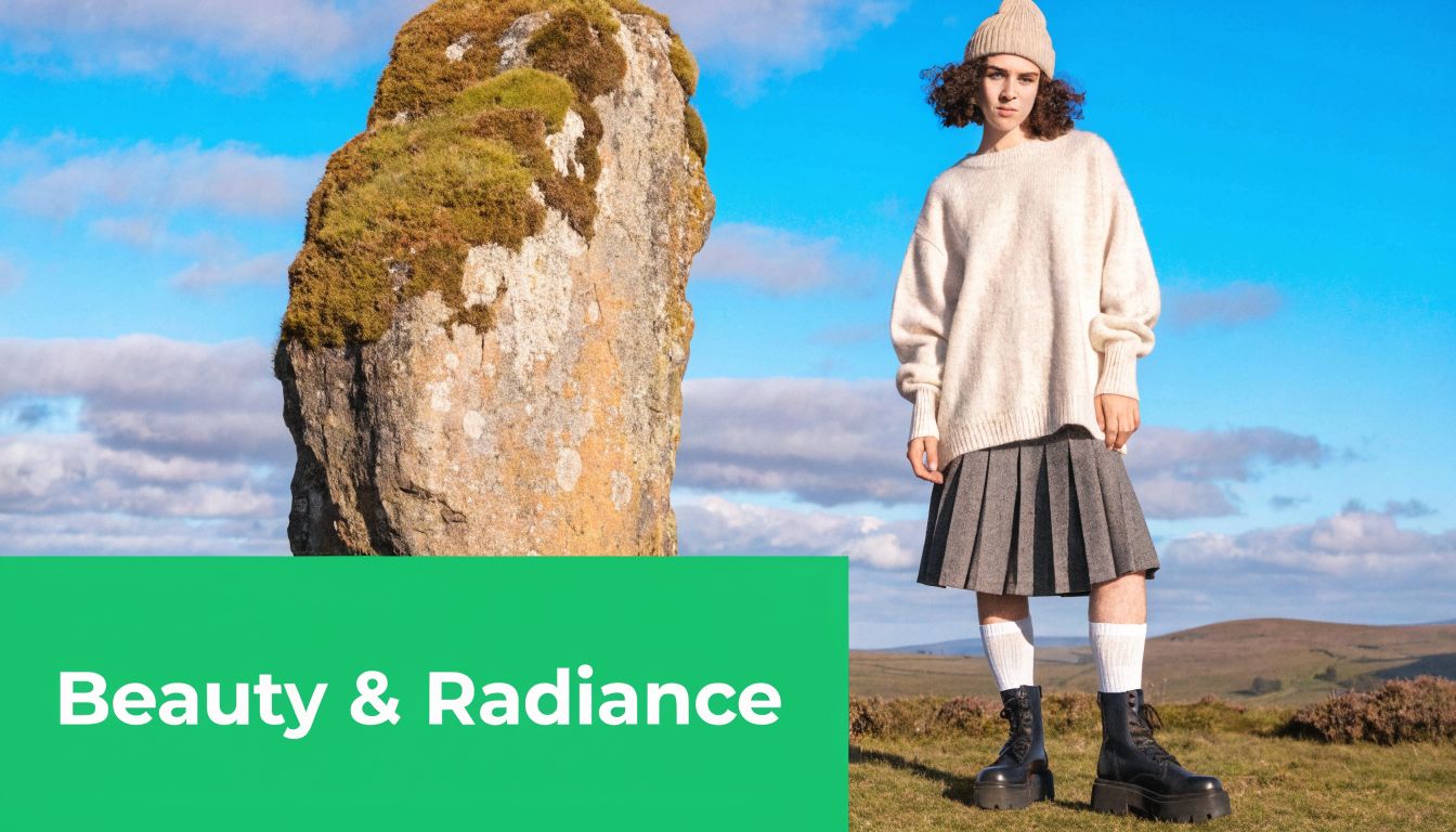A person posing in a gender neutral outfit standing beside a large mossy stone in Ireland.