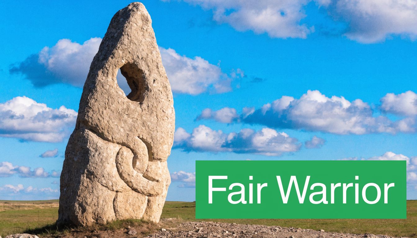 A carved ancient standing stone with a hole, situated in a grassy field under blue sky.