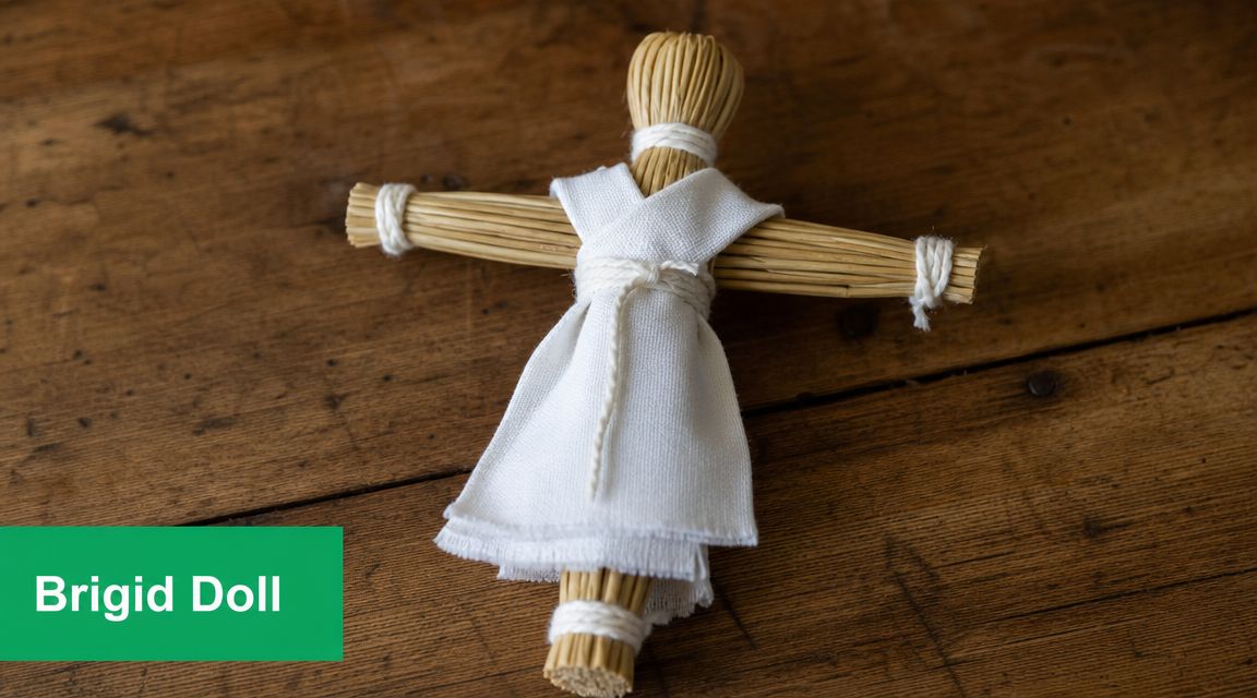 A handmade straw Brigid doll adorned in a white dress, resting on a rustic wooden table surface.