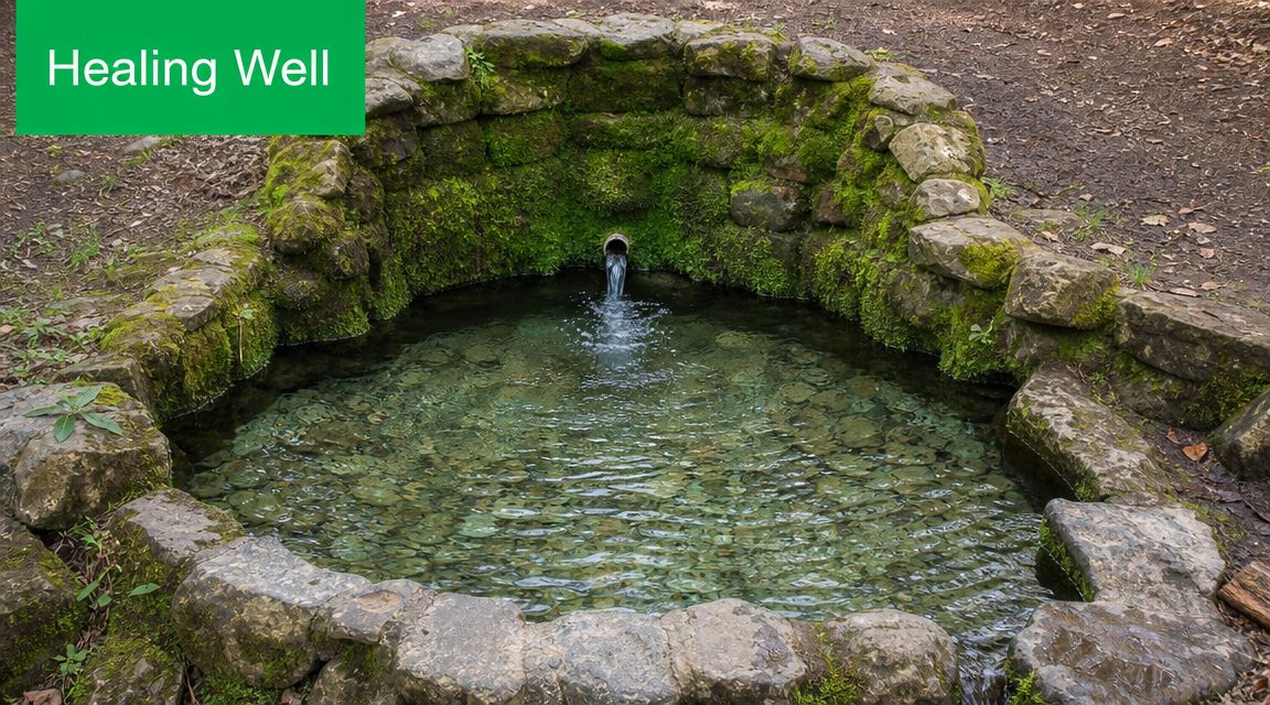 A natural spring or healing well surrounded by stone masonry covered with vibrant green moss.