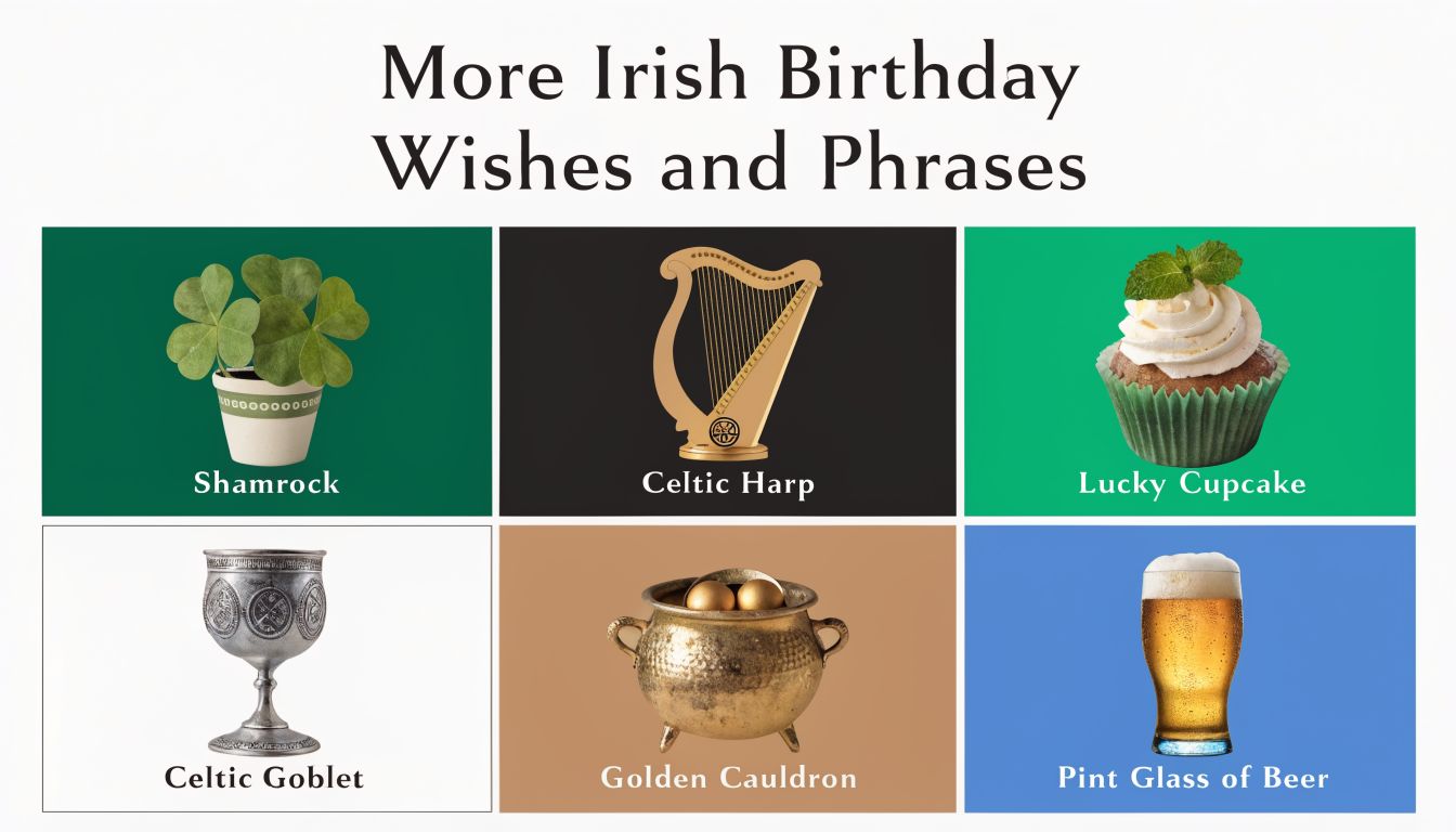 A grid displaying six icons representing Irish themes: a shamrock, harp, cupcake, goblet, cauldron, and beer.