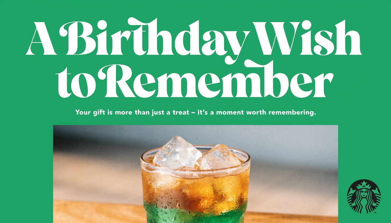 A Starbucks birthday card featuring an iced drink, with elegant white text on a green background.