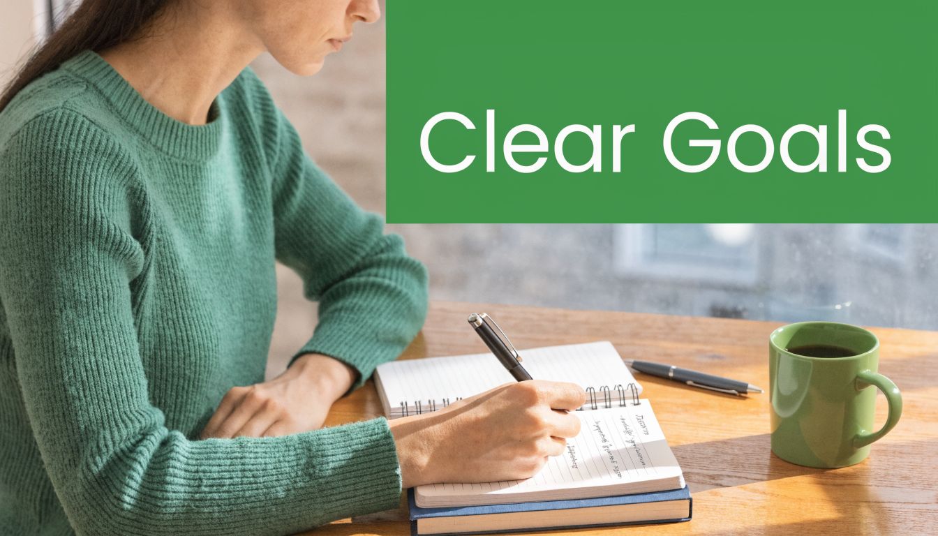 A person writing in a notebook next to a green mug, with the text Clear Goals visible.