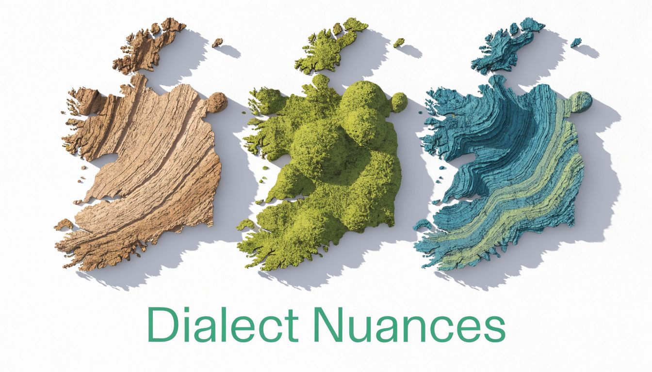 Three artistic, textured 3D representations of Ireland in brown, green, and blue, labeled Dialect Nuances below.