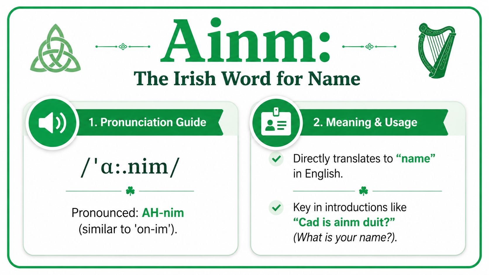 A graphic explaining the Irish word Ainm, which means name, with pronunciation and usage examples.