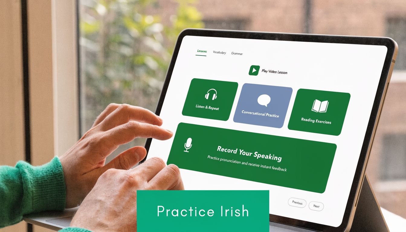 A person using a tablet to access an online Irish language learning platform with interactive lesson modules.
