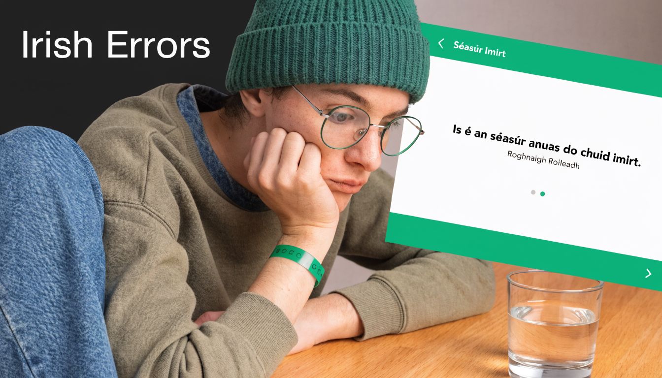 A person in a beanie and glasses looking thoughtfully at an Irish language learning app interface.
