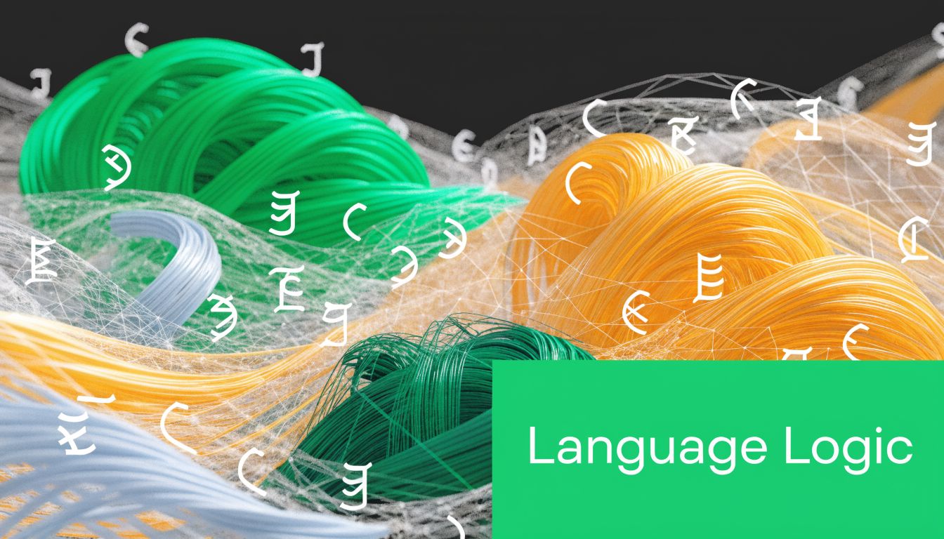 Abstract visualization of colorful flowing fiber structures with digital symbols floating in a dark background space.