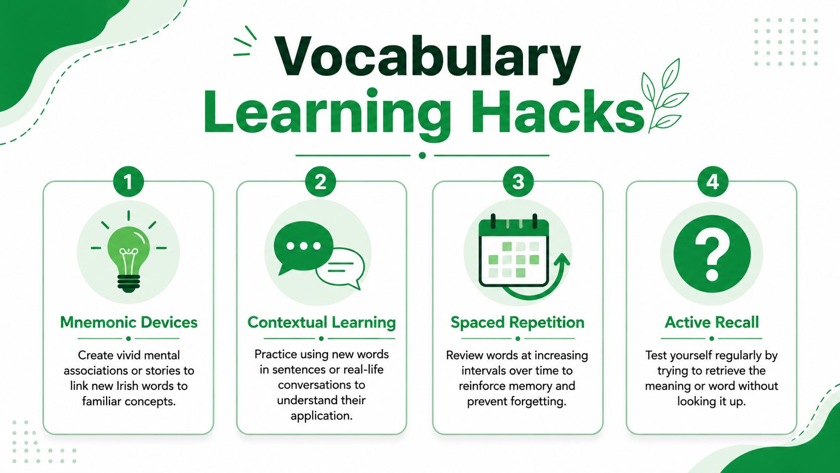 A green and white infographic titled Vocabulary Learning Hacks listing four techniques for learning Irish language vocabulary.