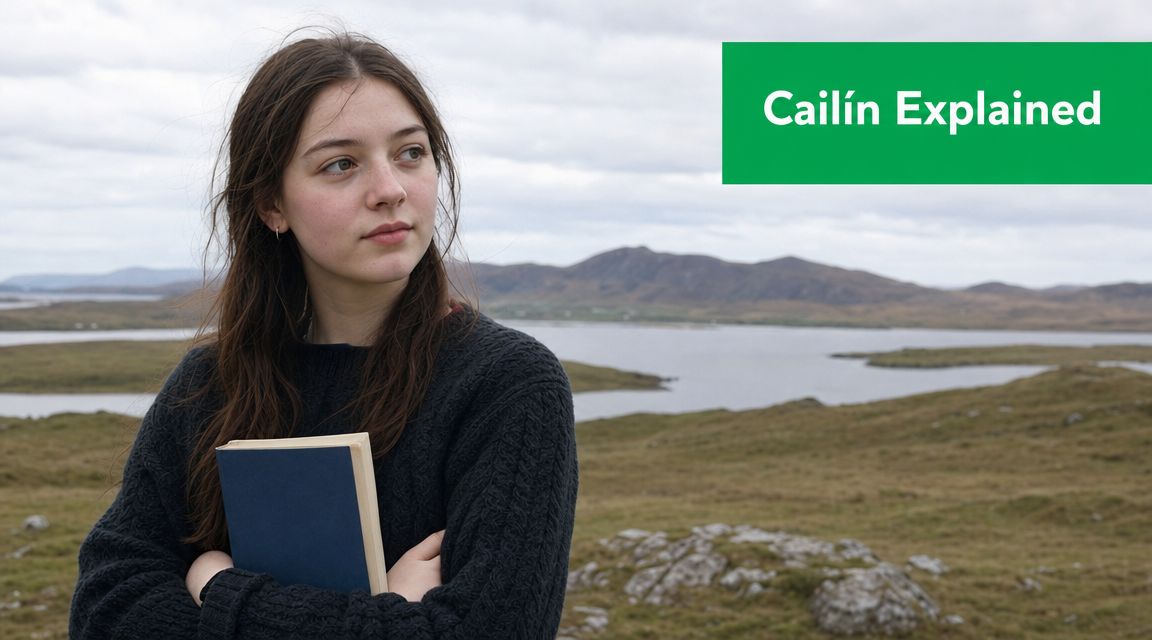 A young girl with long brown hair holding a blue book outdoors in a scenic Irish landscape.