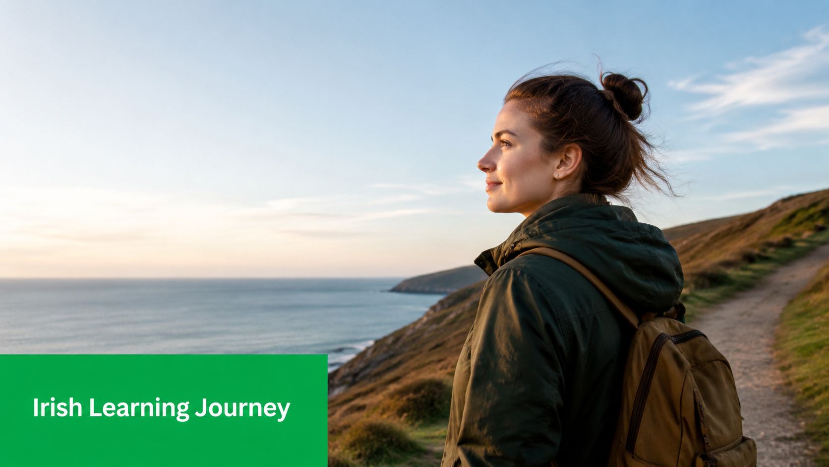 A young woman hiking near the ocean in Ireland, looking off into the sunset with her backpack.