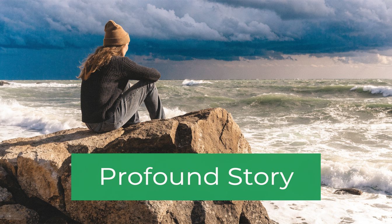 A person wearing a beanie sits on a rock by the ocean during a stormy day.