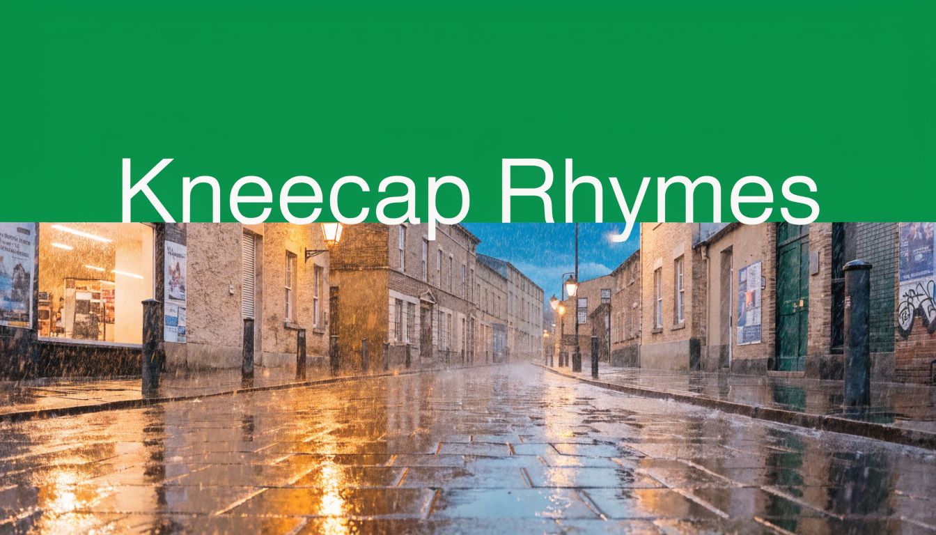 A rainy street scene in a historic town with wet cobblestones reflecting warm glowing street lamps.