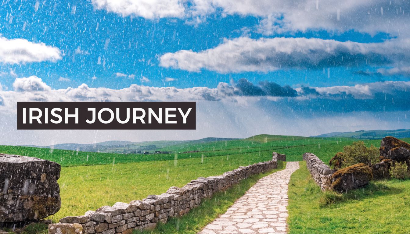 A scenic stone path winds through a lush green Irish landscape under a rainy blue sky.