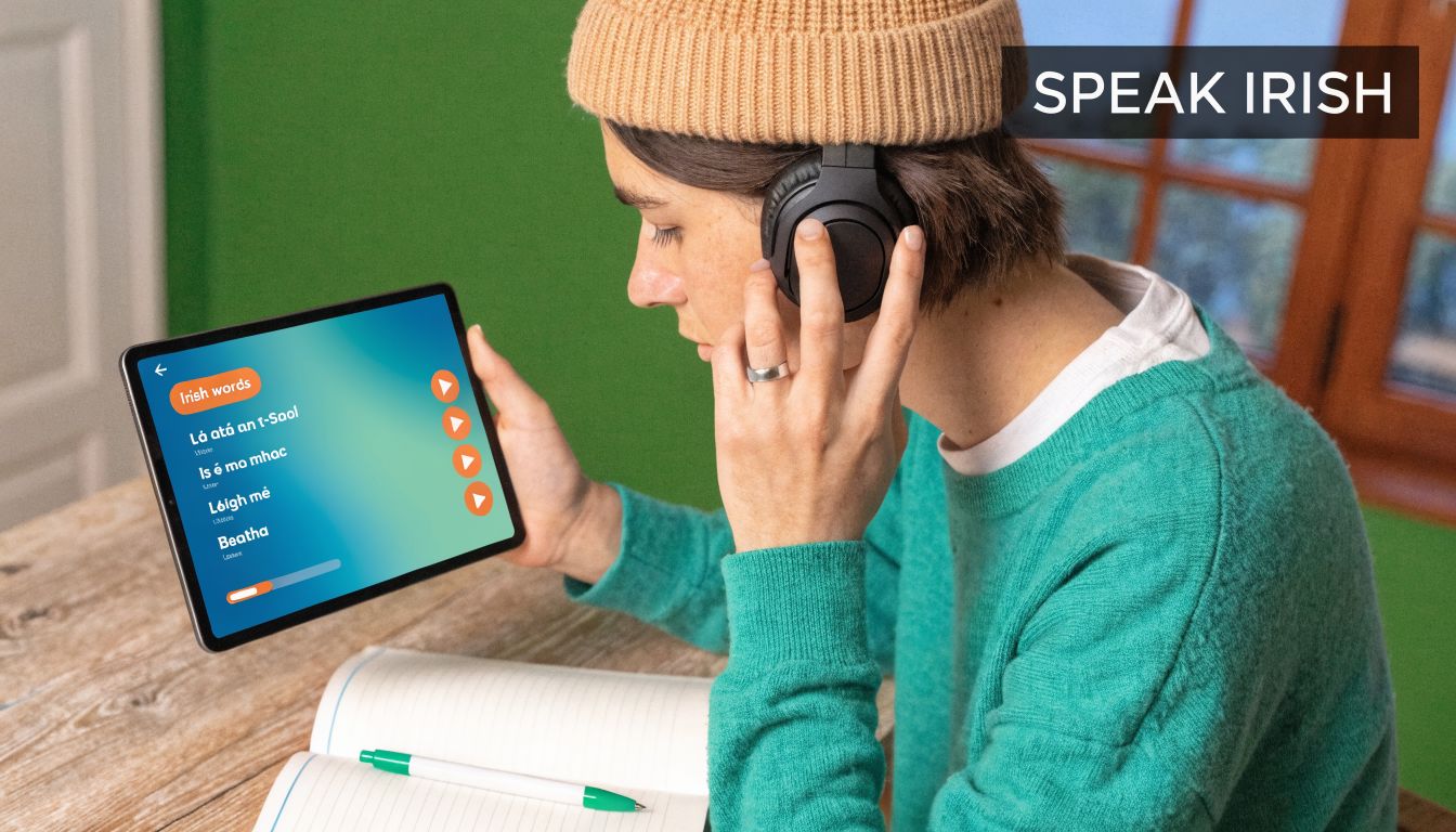 A person wearing a beanie and headphones studying Irish language on a tablet at a wooden desk.