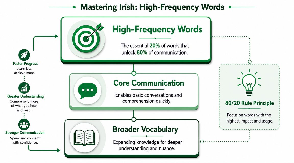 An infographic showing the 80/20 rule principle for mastering high-frequency words in the Irish language.