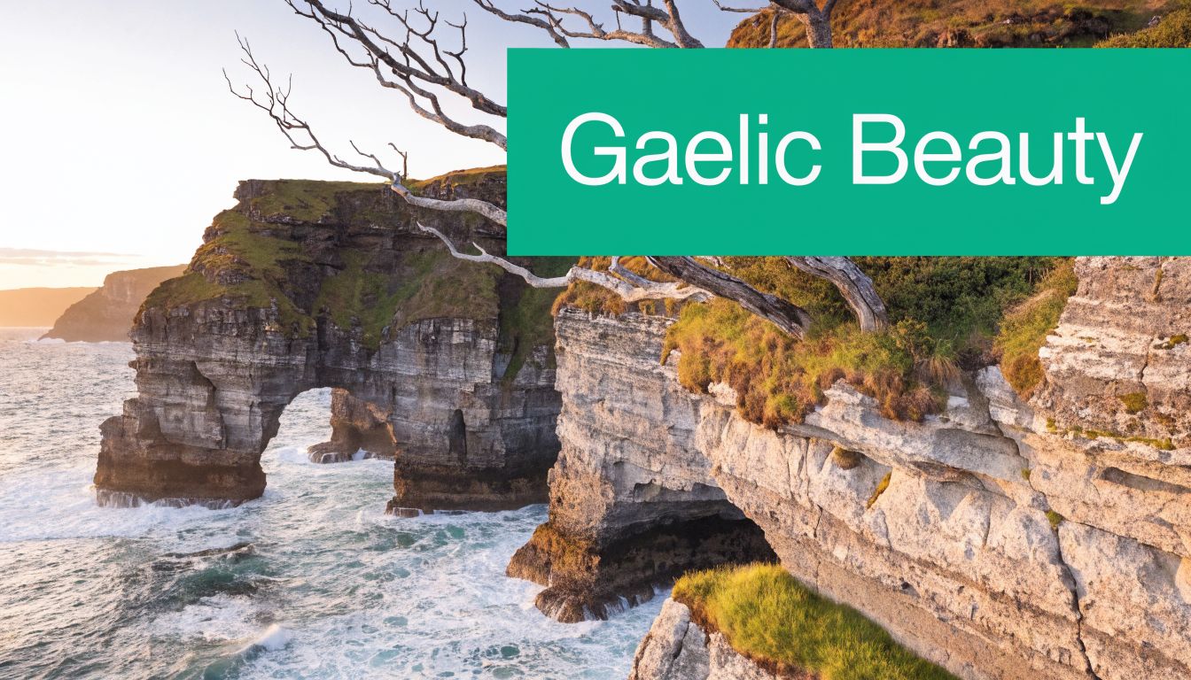 A scenic view of a natural stone arch on a rugged coastline overlooking the ocean.