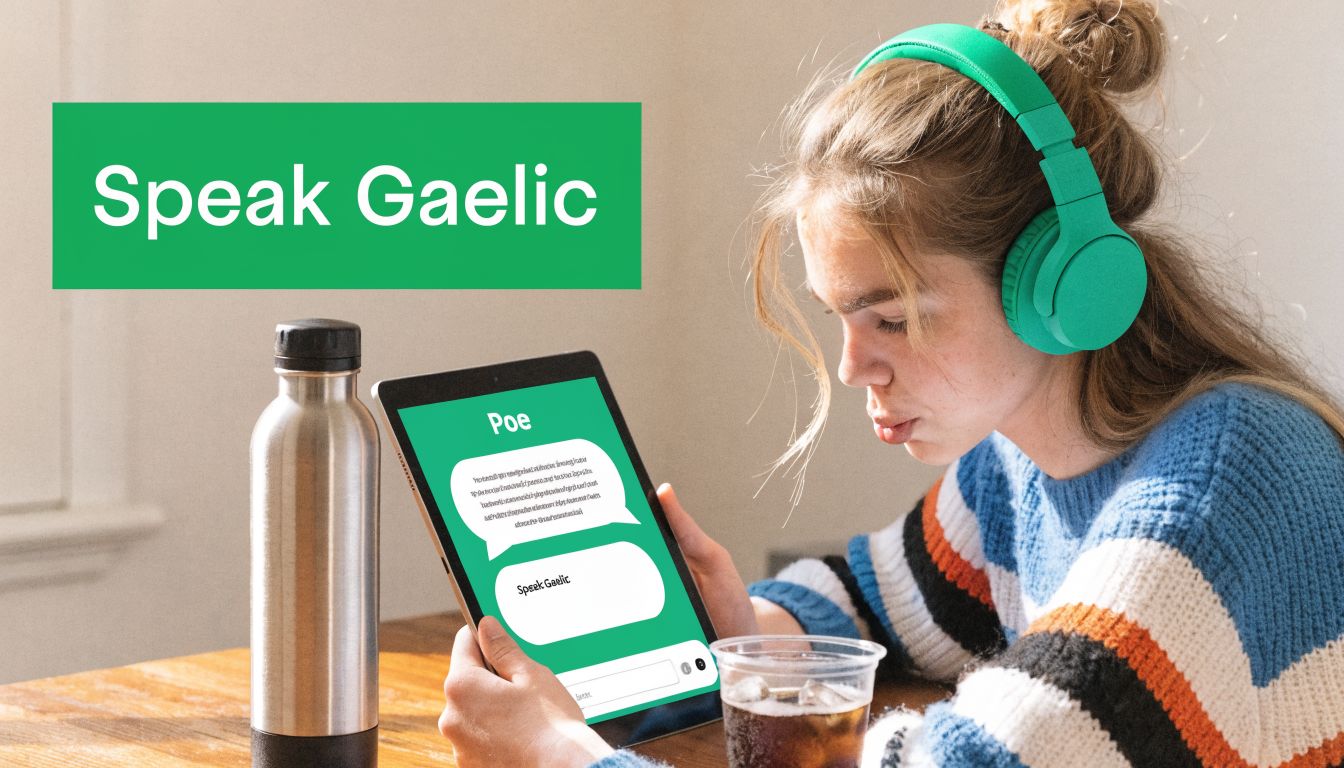 A young woman wearing headphones uses a tablet to learn Gaelic while sitting at a wooden table.