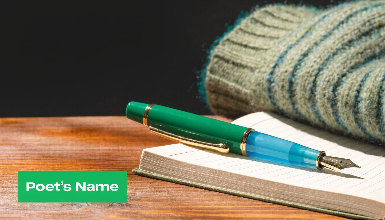 A fountain pen rests on a notebook beside a cozy knitted sweater on a wooden table.