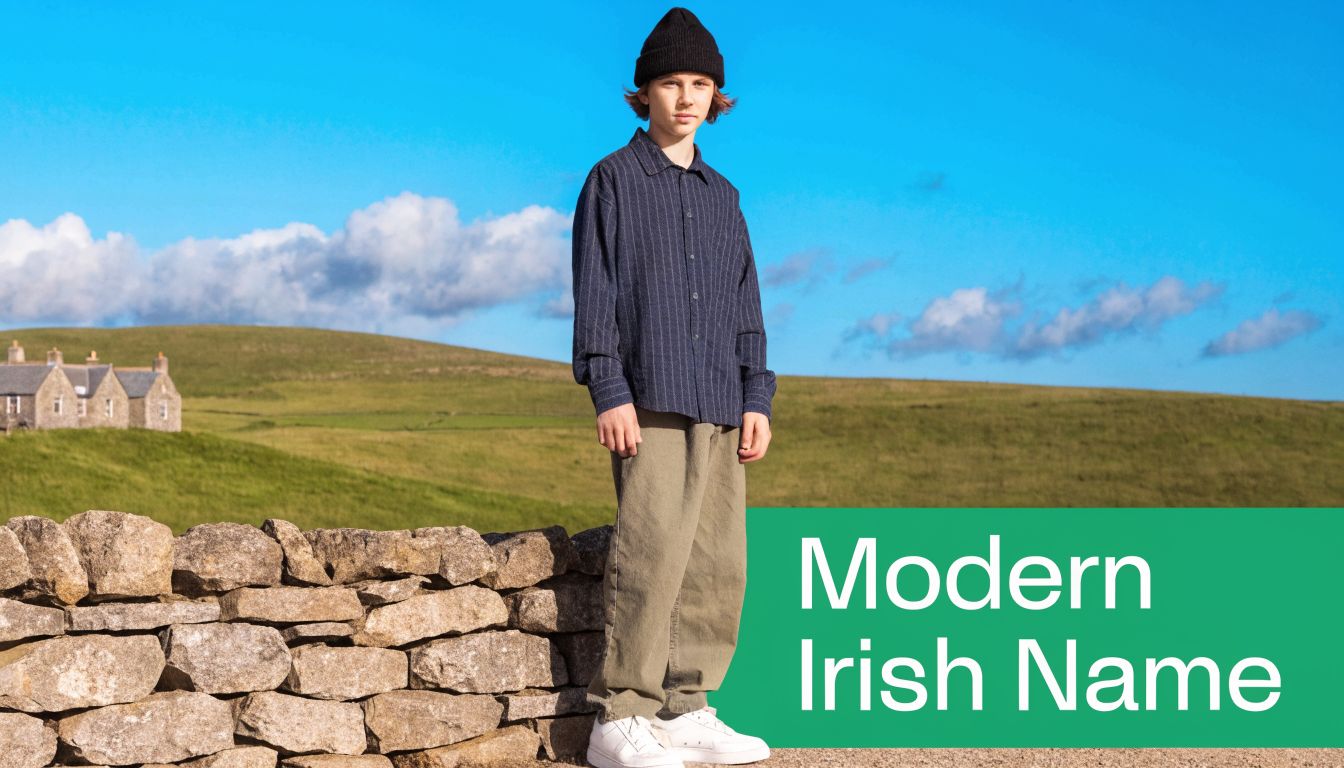 A young boy wearing a beanie and casual clothes stands by a stone wall in an Irish landscape.