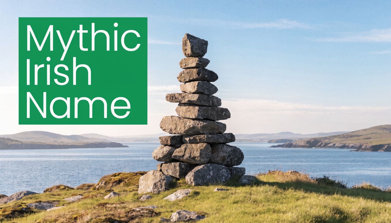 A tall stone cairn stack standing on a grassy hill overlooking a blue ocean landscape in Ireland.