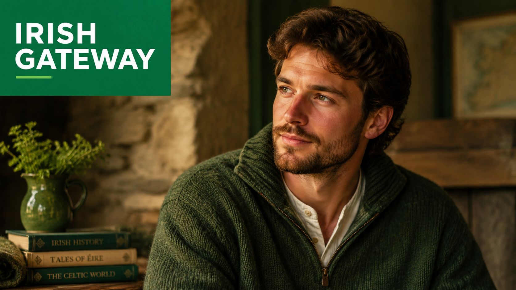 A handsome man wearing a green sweater sitting thoughtfully near books about Irish history and culture.