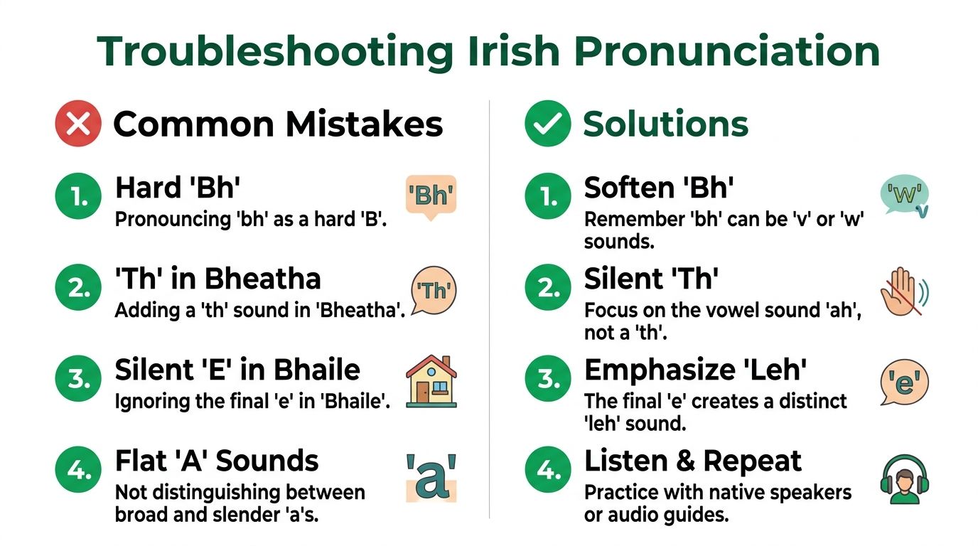 A visual guide illustrating common Irish pronunciation mistakes and their corresponding corrections for clarity and improvement.