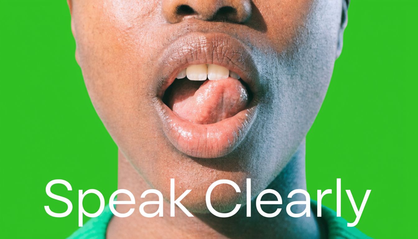 A close-up view of a person's mouth with their tongue touching their teeth to demonstrate clear pronunciation.