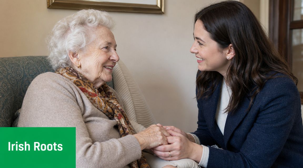 A young woman smiling and holding the hands of an elderly woman during a conversation.