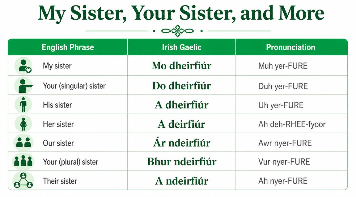 A table displaying Irish Gaelic phrases for sister, showing possessive pronouns, translations, and phonetic pronunciations.