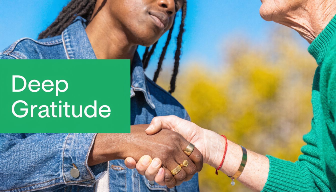A close-up shot of two people shaking hands, wearing casual clothing, outdoors on a sunny day.