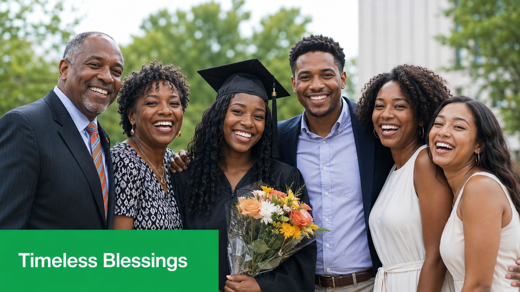 A diverse family posing together outside while smiling and celebrating a daughter's graduation with flowers.