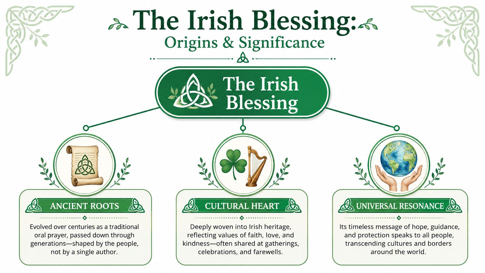 A green infographic explaining the history and universal cultural significance of The Irish Blessing tradition.