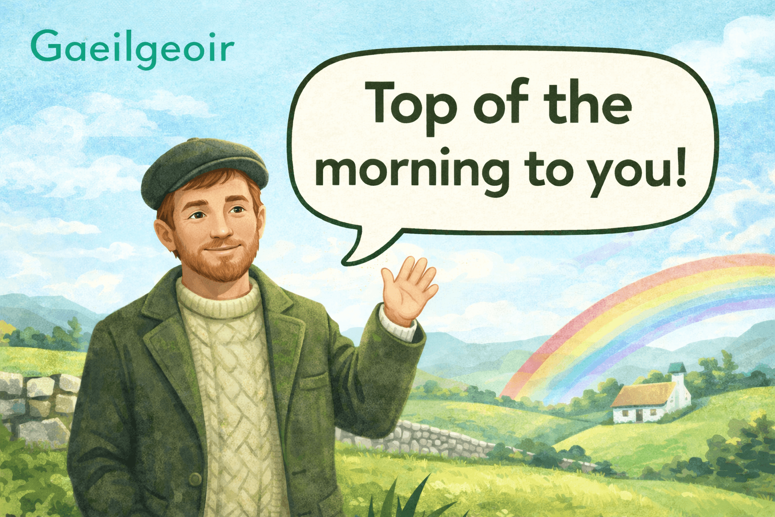 Top of the morning to you illustration with Irish countryside and traditional greeting, related to Irish language phrases and Gaeilge learning.