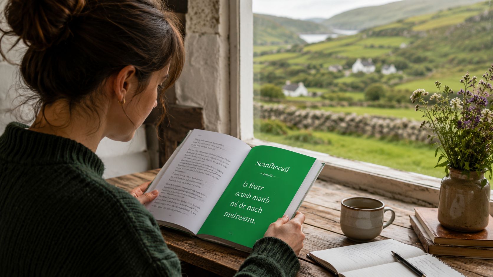 A person studying an Irish language book in a naturally lit room with a view of the Irish countryside in the background.