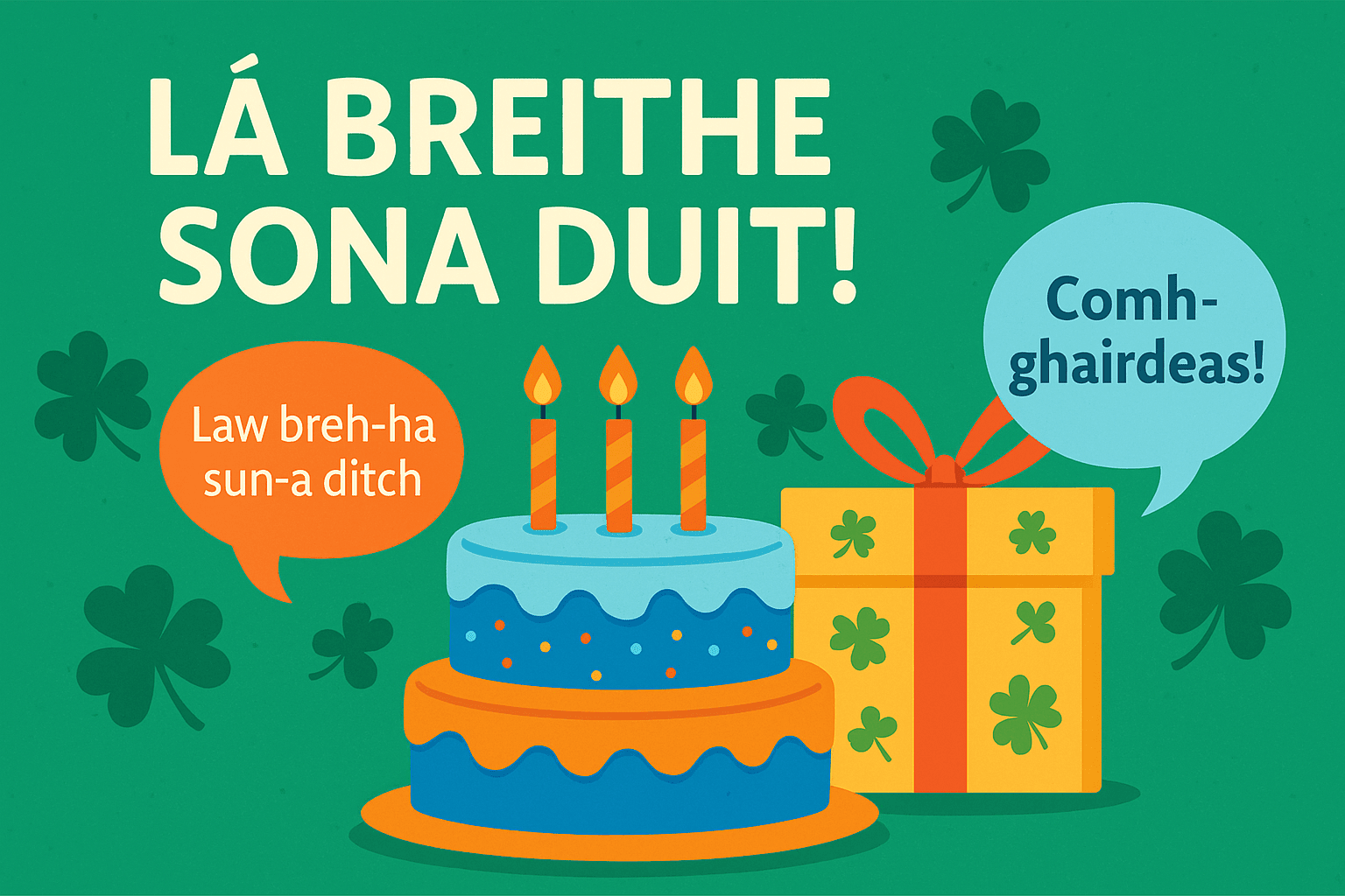 Festive digital illustration with the Irish birthday greeting 'Lá Breithe Sona Duit!' in bold white letters, a two-tier birthday cake with candles, a gift box decorated with shamrocks, and speech bubbles showing the pronunciation 'Law breh-ha sun-a ditch' and the word 'Comhghairdeas!' on a green background.
