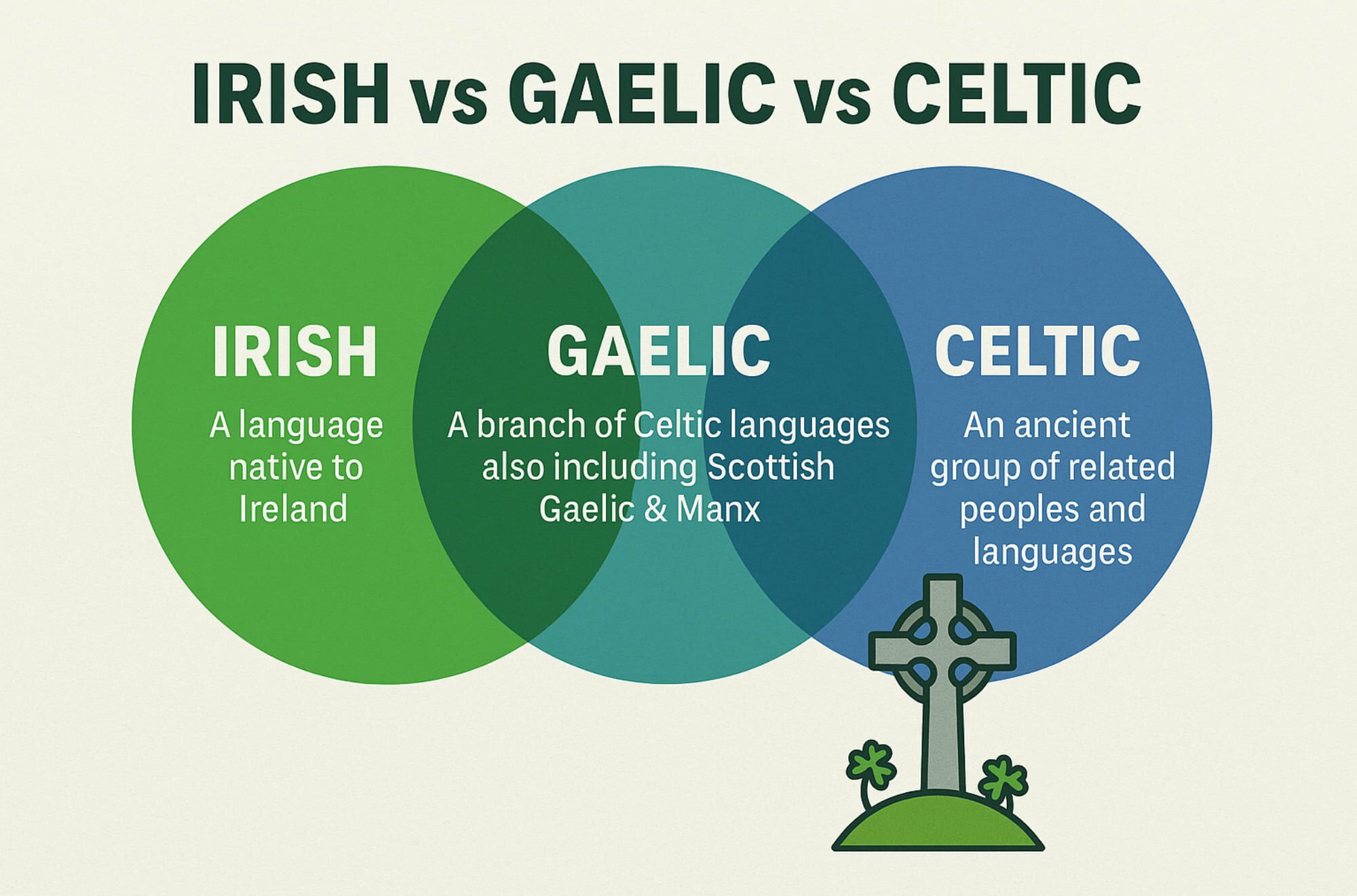 Infographic explaining the differences between Irish, Gaelic, and Celtic languages and cultures