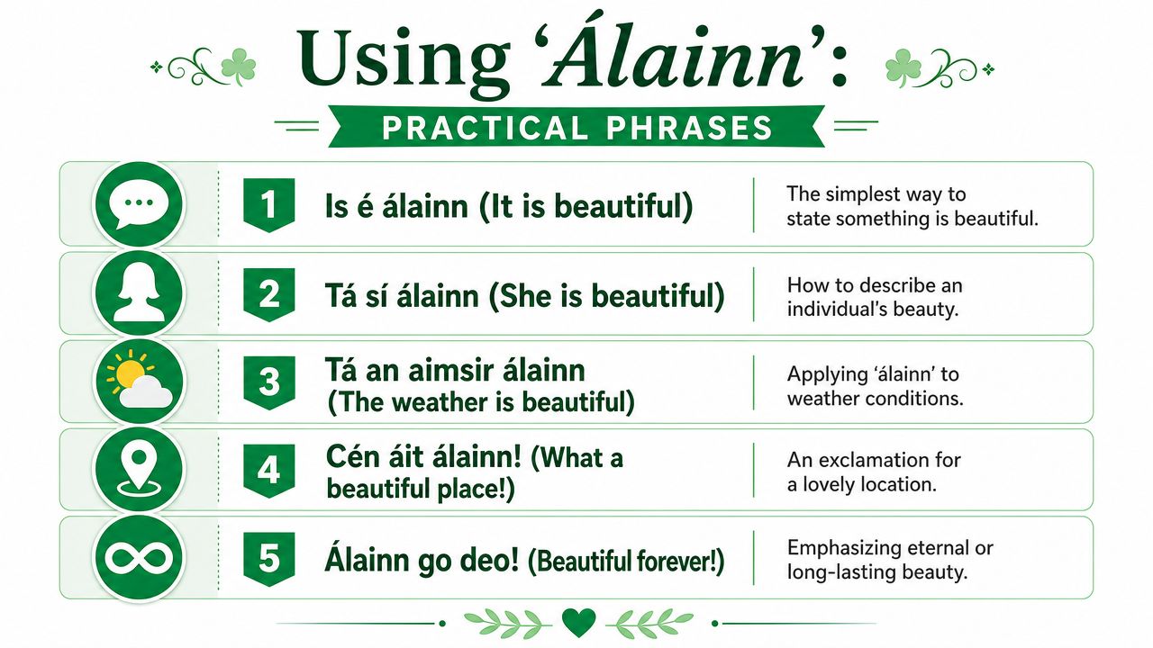 A list of five practical Irish language phrases using the word álainn with their English translations.