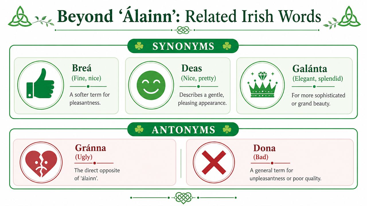 An infographic displaying Irish synonyms and antonyms for the word alainn, featuring illustrative icons for each.