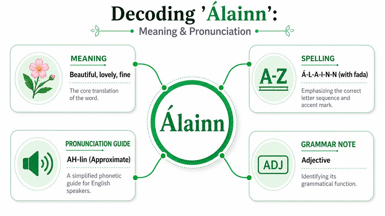 An infographic detailing the meaning, spelling, pronunciation, and grammatical use of the Irish word Alainn.