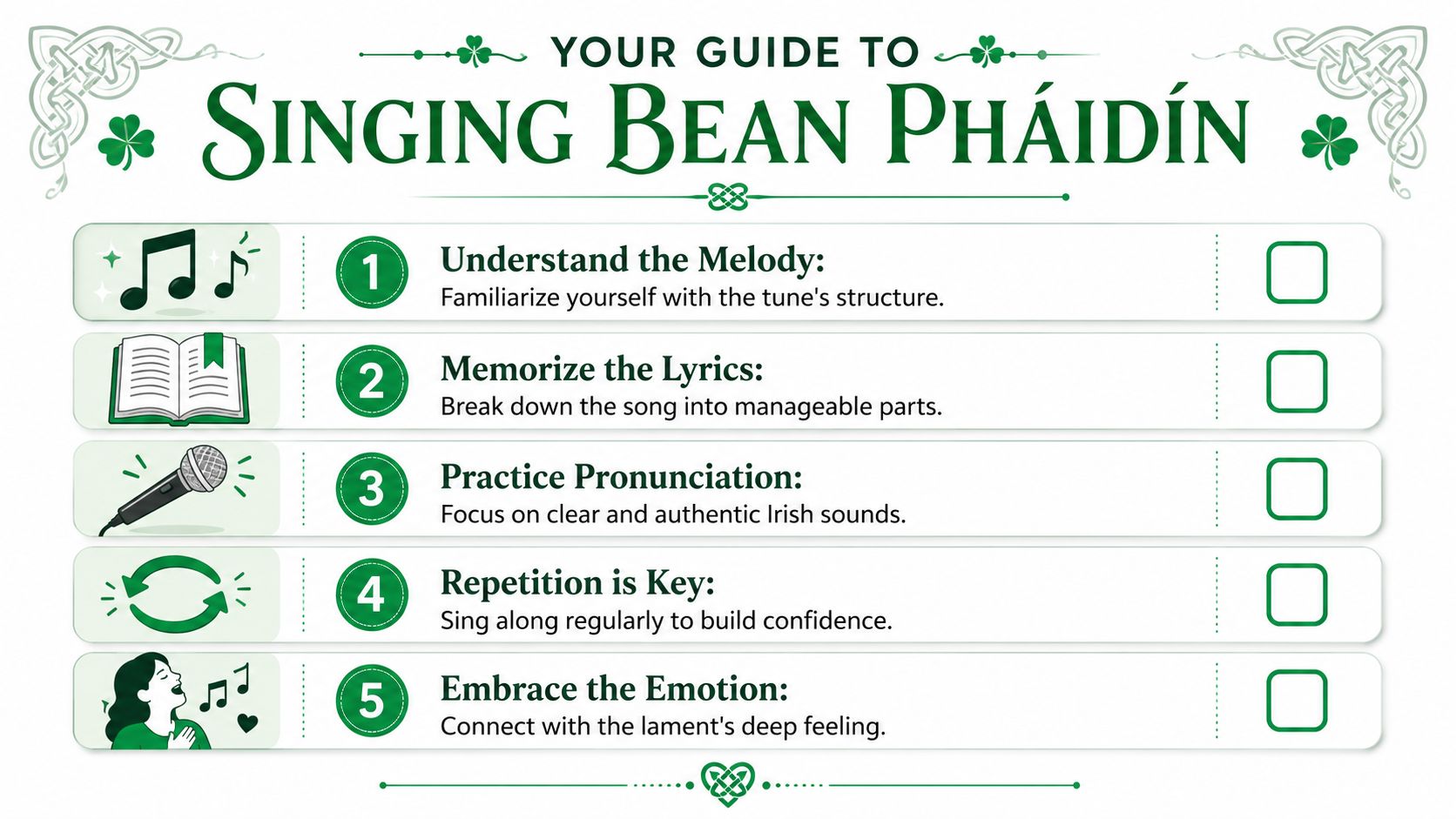 A five-step checklist titled Your Guide to Singing Bean Pháidín for learning the Irish song.